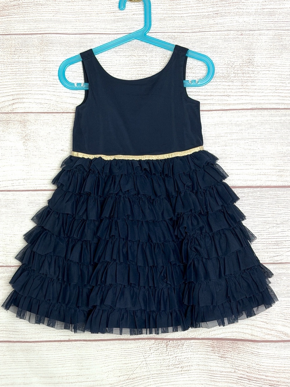 Janie and Jack Tiered Ruffle Tulle Dress Blue  Gold Belt Party Event size 3